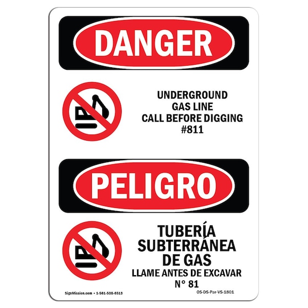 Sign, 5" H, Underground Gas Line Call No. 811 Bilingual Spanish, DS-D-35-VS-1801-10PK